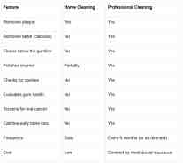 A comparison table showing the differences between home cleaning and professional cleaning, highlighting that only professional cleanings remove tartar, clean below the gumline, and screen for oral cancer.