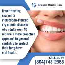 Close-up of a healthy smile with text about dental care for adults over 40 and maintaining long-term oral health.