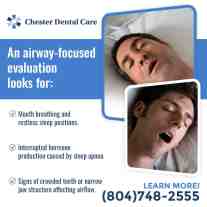 Chester Dental Care graphic showing airway-focused evaluation signs including mouth breathing, sleep apnea effects, and crowded teeth