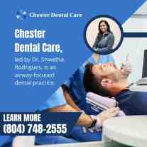 Dr. Shwetha Rodrigues of Chester Dental Care treating a patient. Focus on airway-focused dentistry.