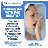 Promotional graphic for Chester Dental Care. The text asks, "Struggling with Bad Breath?