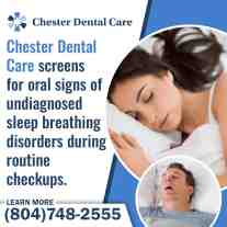 Advertisement from Chester Dental Care promoting screening for sleep breathing disorders, featuring images of people sleeping.