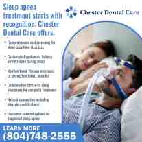Advertisement from Chester Dental Care detailing sleep apnea treatment options, featuring a patient in a dental chair.