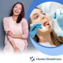 A happy woman smiling on the left alongside a circular inset showing a patient undergoing a dental examination at Chester Dental Care.