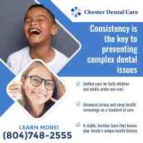 Chester Dental Care graphic showing children and teen smiling, highlighting consistent dental care and airway screening benefits