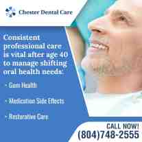 Older man smiling during a dental visit with text about oral health care needs after age 40.