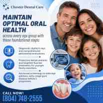 Smiling family alongside dental health visuals illustrating preventive dentistry services, including digital X-rays, fluoride treatments, and gum disease screenings.