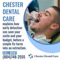 Promotional graphic for Chester Dental Care featuring a patient undergoing a dental procedure.