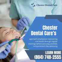 Patient receiving dental cleaning at Chester Dental Care. Dentist tools and patient’s smile visible.