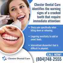 Educational graphic from Chester Dental Care listing warning signs of a cracked tooth: sharp pain when biting or releasing, lingering sensitivity to cold or sweets, and intermittent, hard-to-pinpoint discomfort. Includes photos of a dental exam and a close-up of teeth.